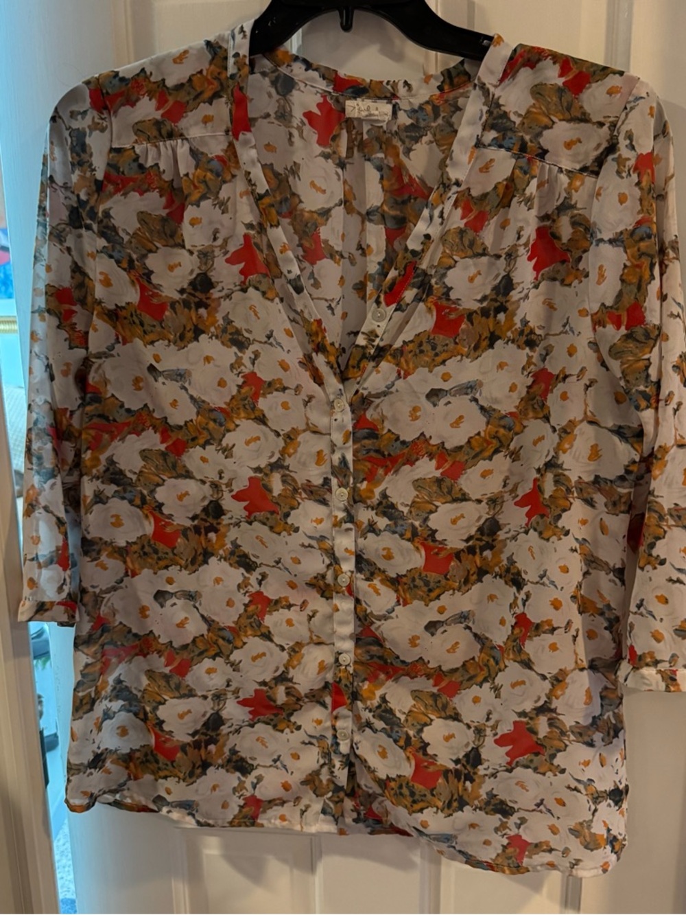Floral Button Down Blouse Large Lightweight Top White Orange